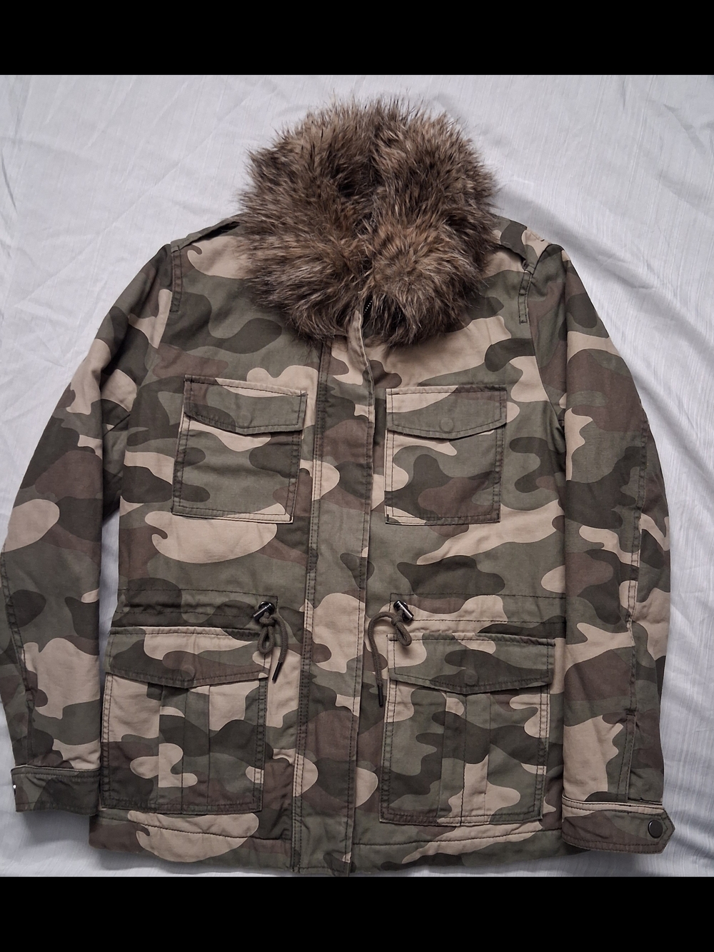 H&M Olive and Tan Camo Jacket with Faux Fur Hood Trim